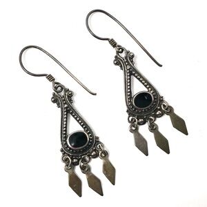 Tribal Afghan Turkmen sterling silver 925 black onyx pierced dangle earrings